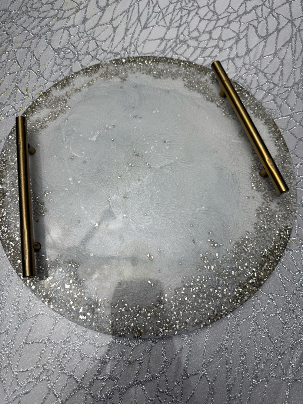 Round Silver Glitter Resin Serving Tray with Brass Handles